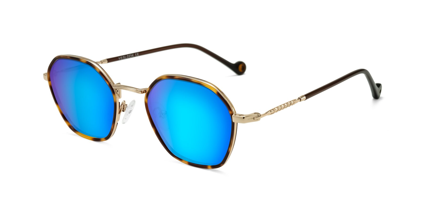 Angle of Dalon in Leopard-Print/Gold with Blue Mirrored Lenses