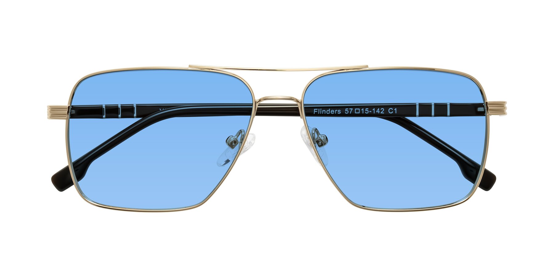 Folded Front of Flinders in Gold with Medium Blue Tinted Lenses