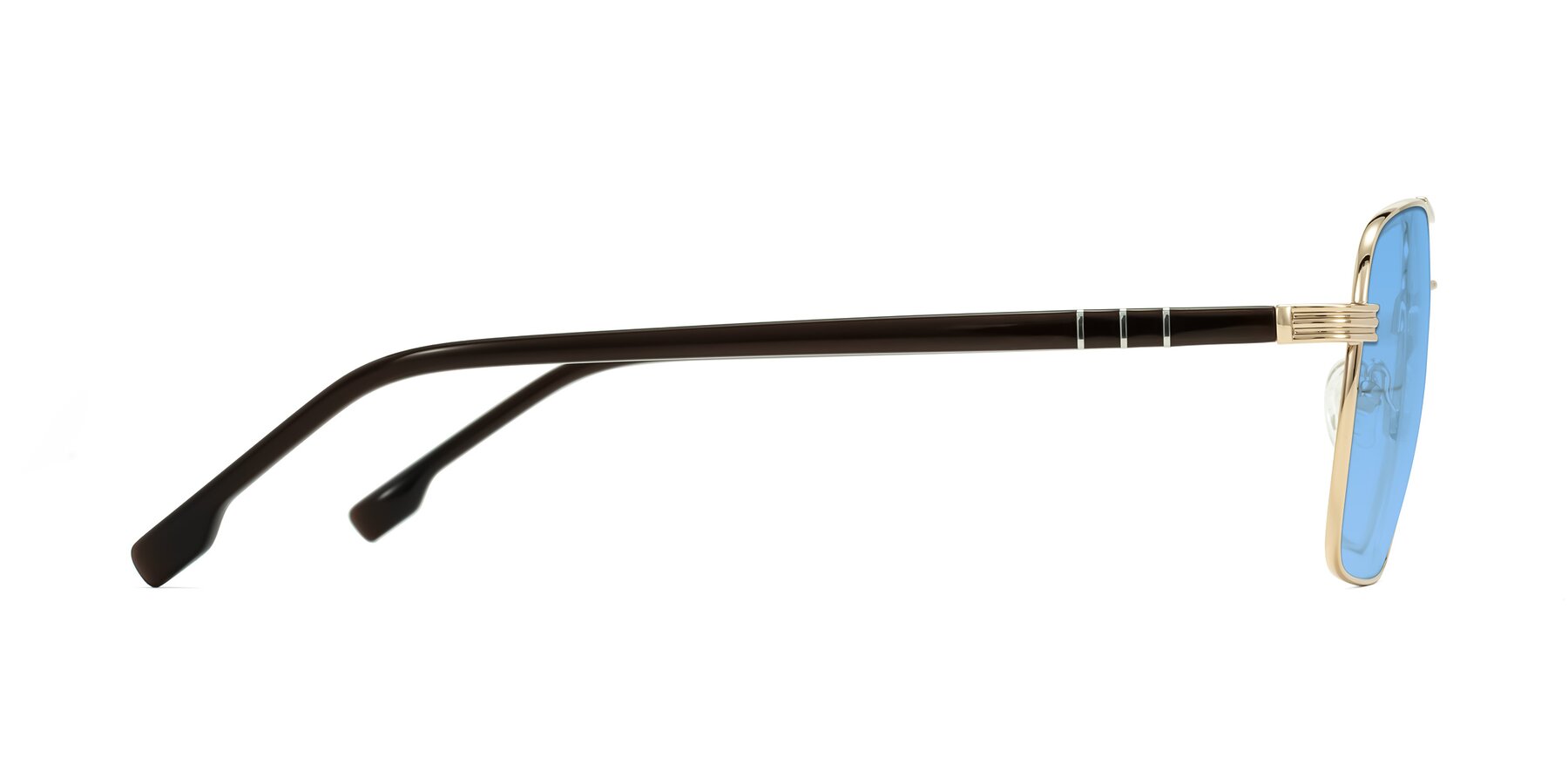 Side of Flinders in Gold with Medium Blue Tinted Lenses