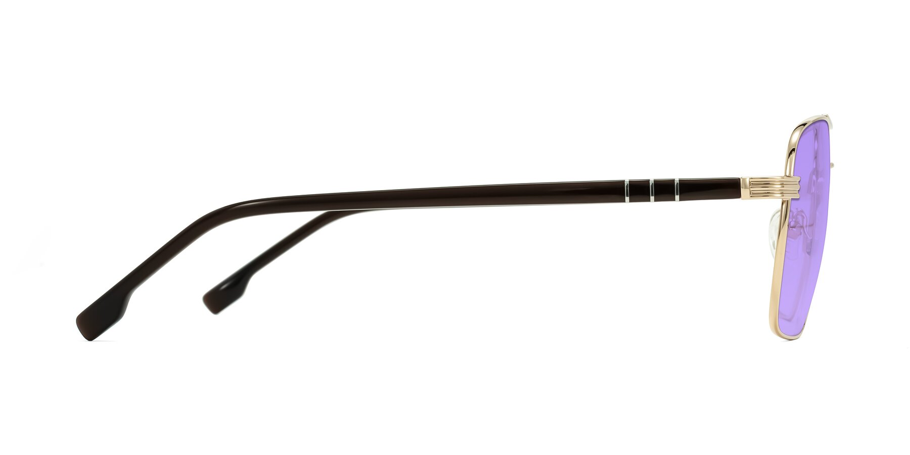 Side of Flinders in Gold with Medium Purple Tinted Lenses