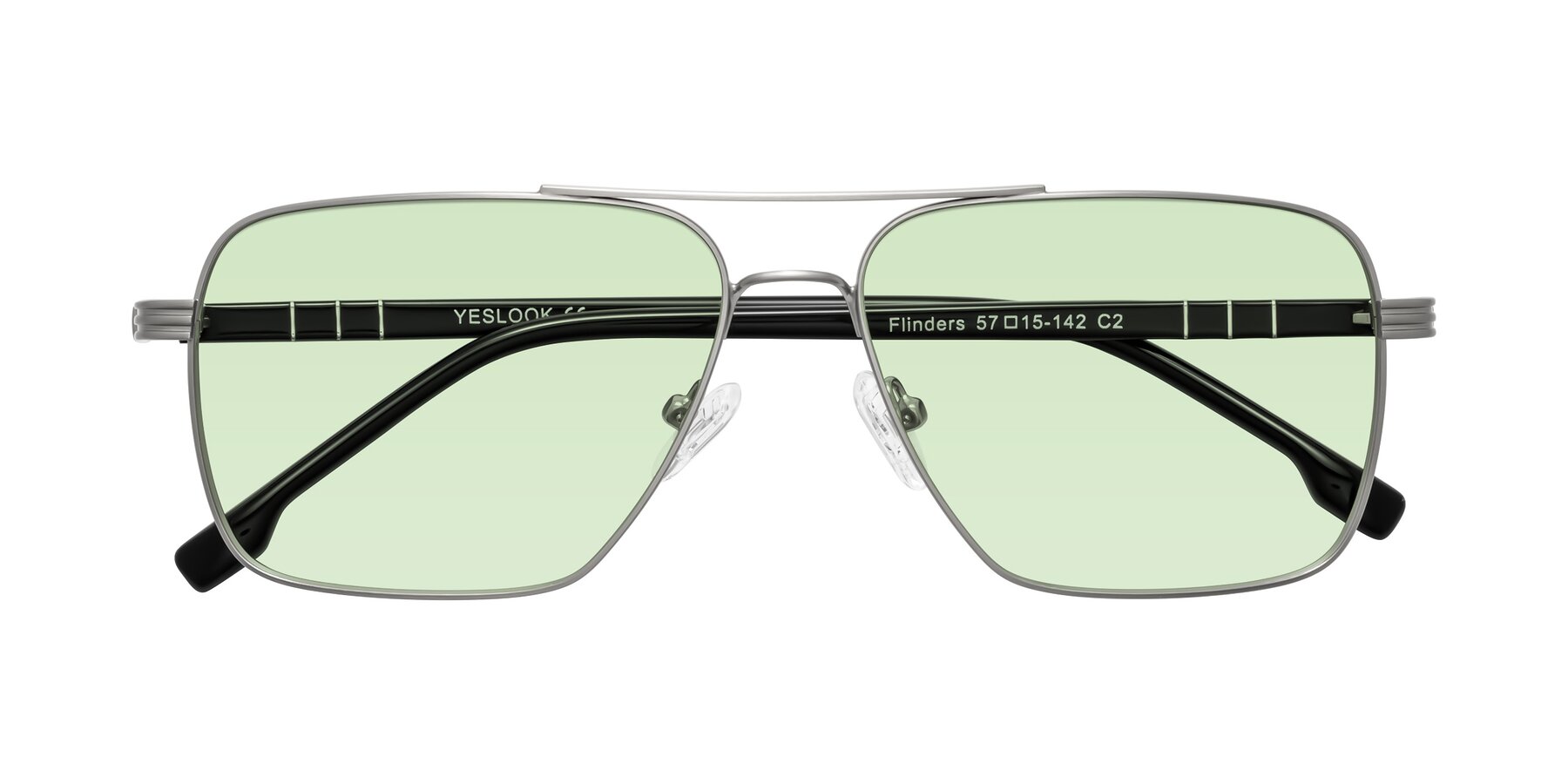 Folded Front of Flinders in Matte Silver with Light Green Tinted Lenses