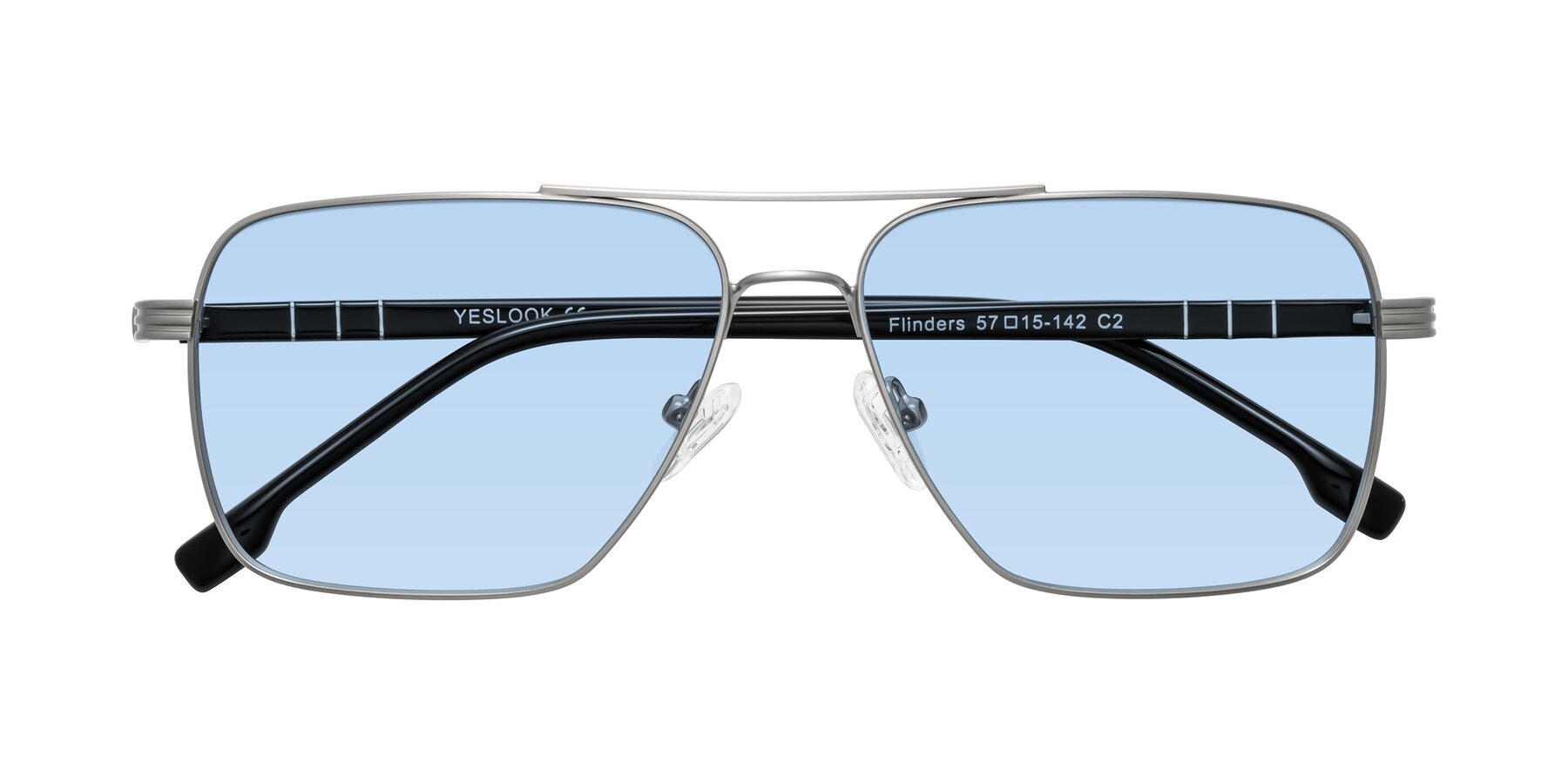 Folded Front of Flinders in Matte Silver with Light Blue Tinted Lenses