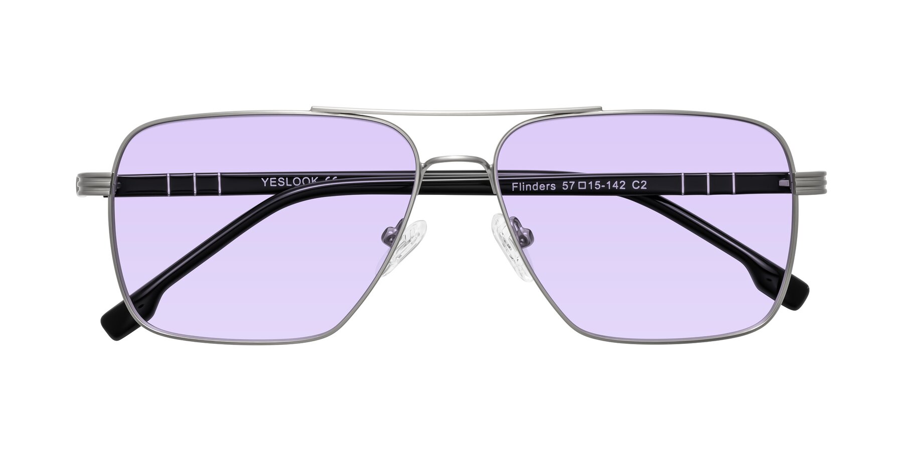 Folded Front of Flinders in Matte Silver with Light Purple Tinted Lenses