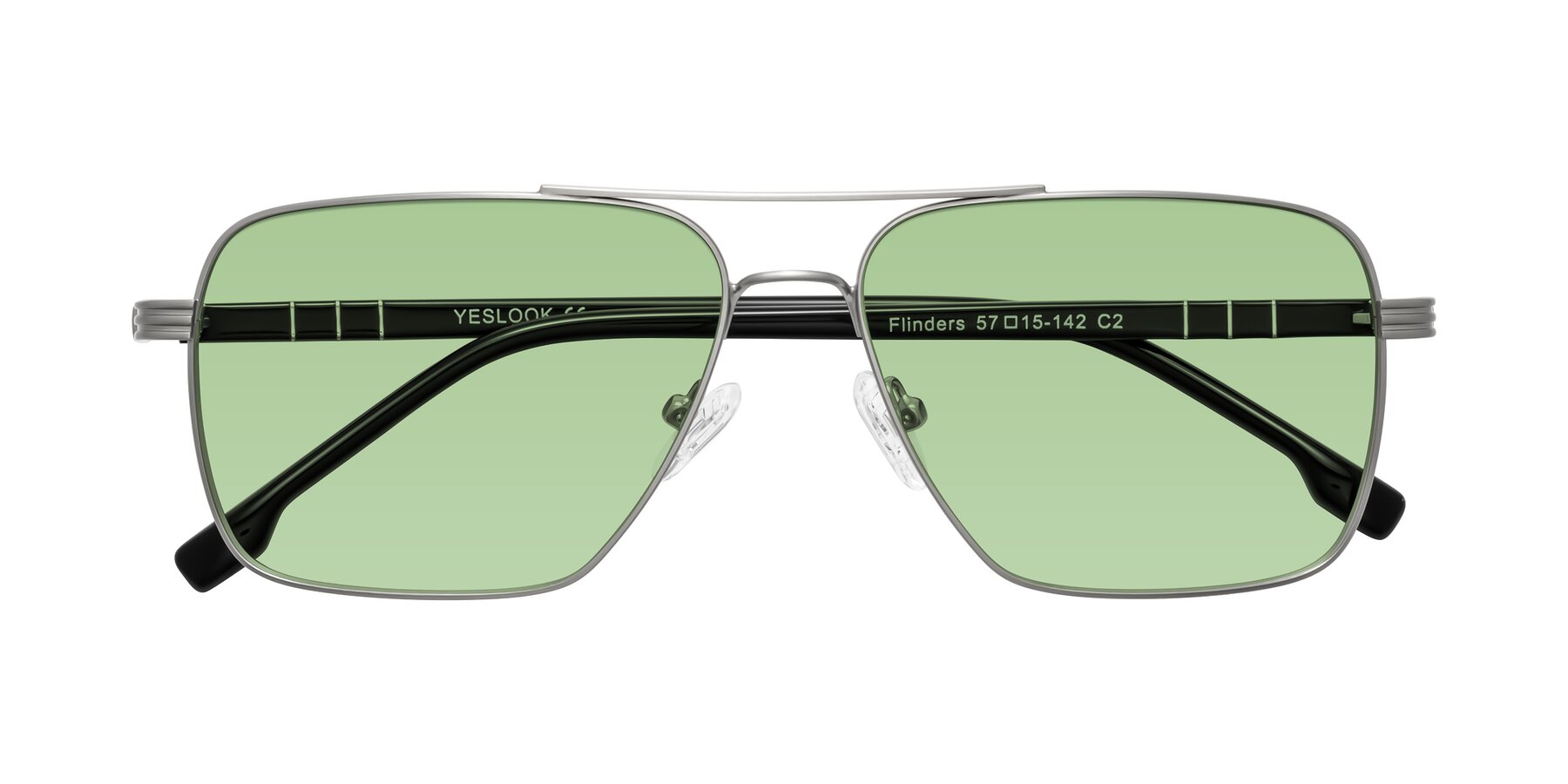 Folded Front of Flinders in Matte Silver with Medium Green Tinted Lenses
