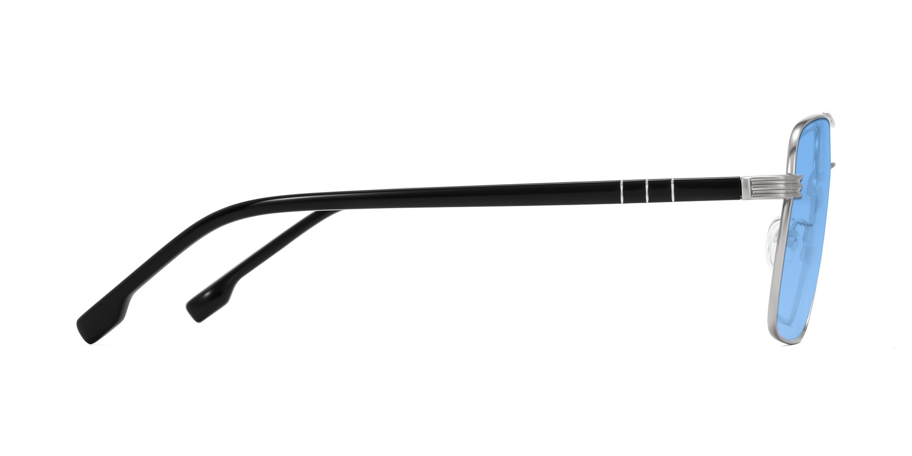 Side of Flinders in Matte Silver with Medium Blue Tinted Lenses