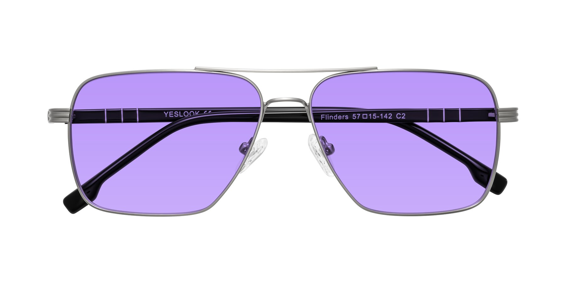 Folded Front of Flinders in Matte Silver with Medium Purple Tinted Lenses