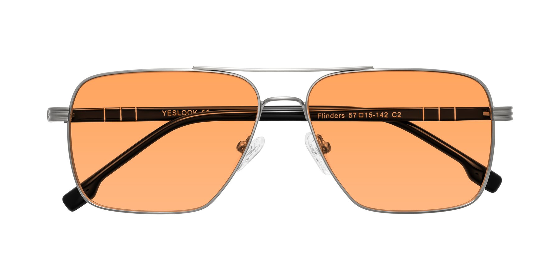 Folded Front of Flinders in Matte Silver with Medium Orange Tinted Lenses