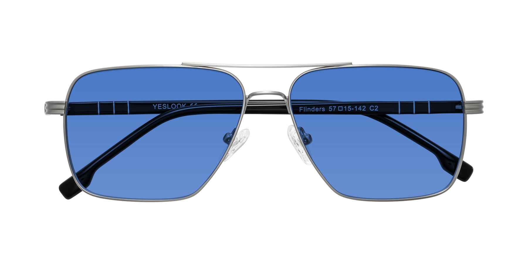 Folded Front of Flinders in Matte Silver with Blue Tinted Lenses