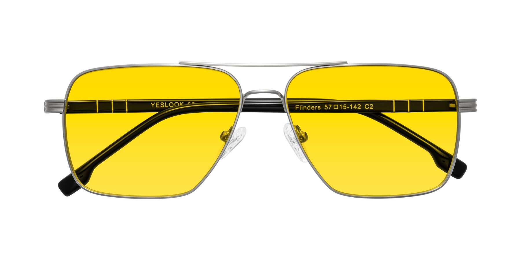 Folded Front of Flinders in Matte Silver with Yellow Tinted Lenses