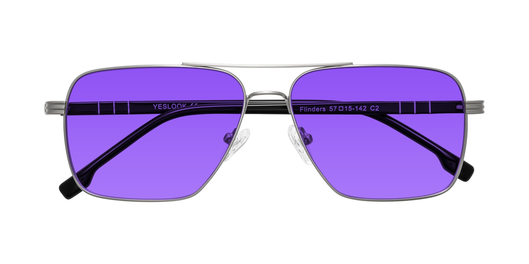 Folded Front of Flinders in Matte Silver with Purple Tinted Lenses