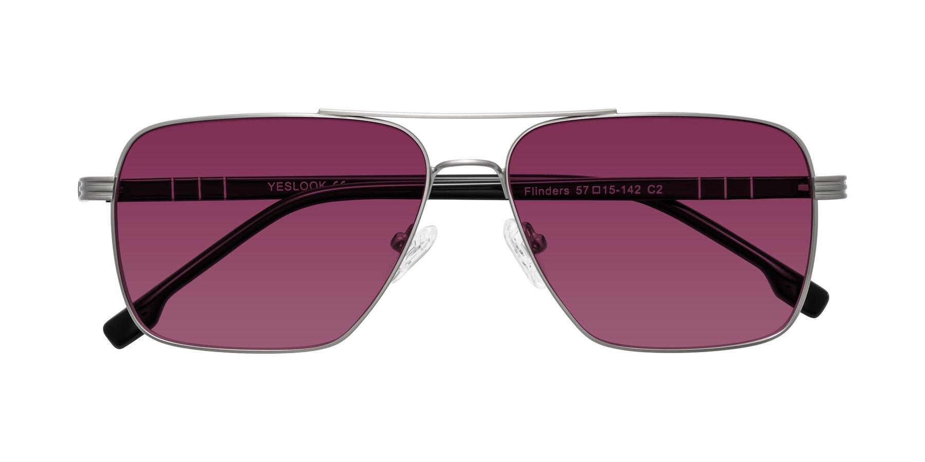 Folded Front of Flinders in Matte Silver with Wine Tinted Lenses