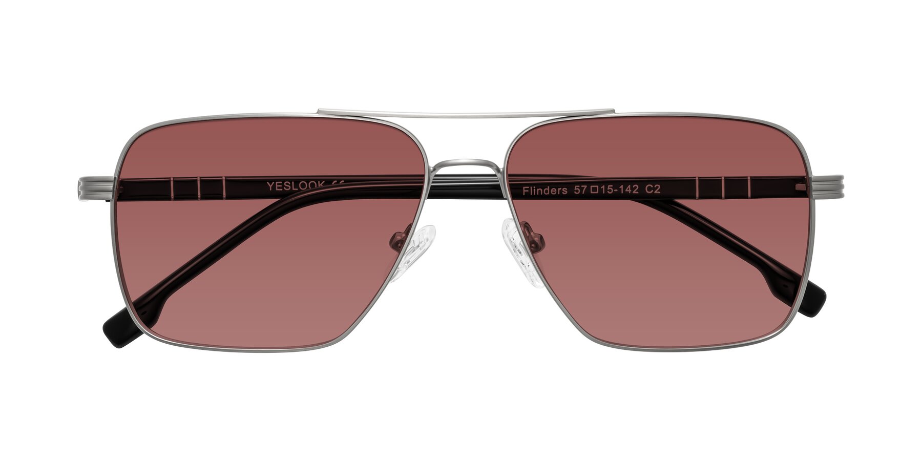 Folded Front of Flinders in Matte Silver with Garnet Tinted Lenses