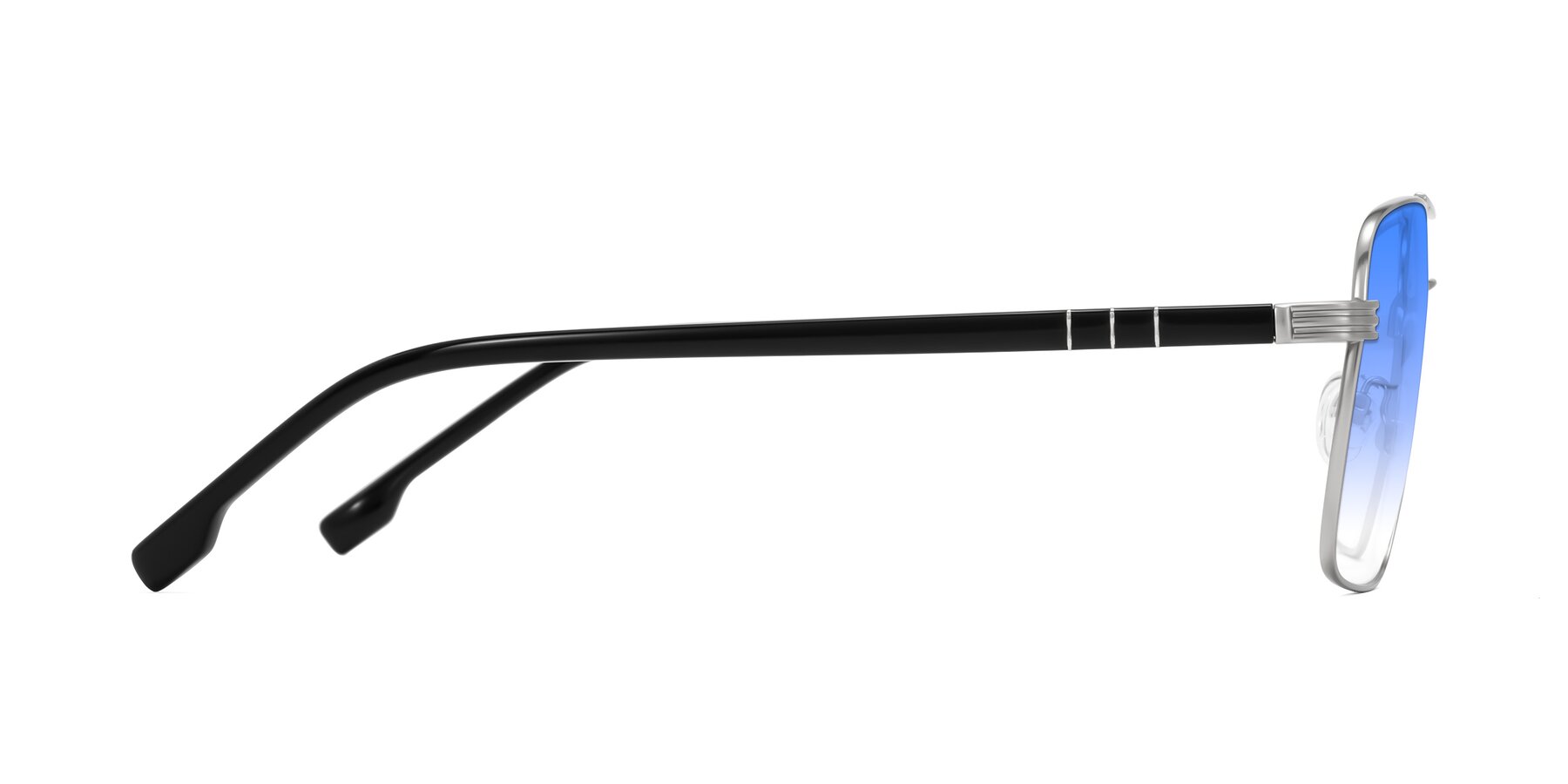 Side of Flinders in Matte Silver with Blue Gradient Lenses