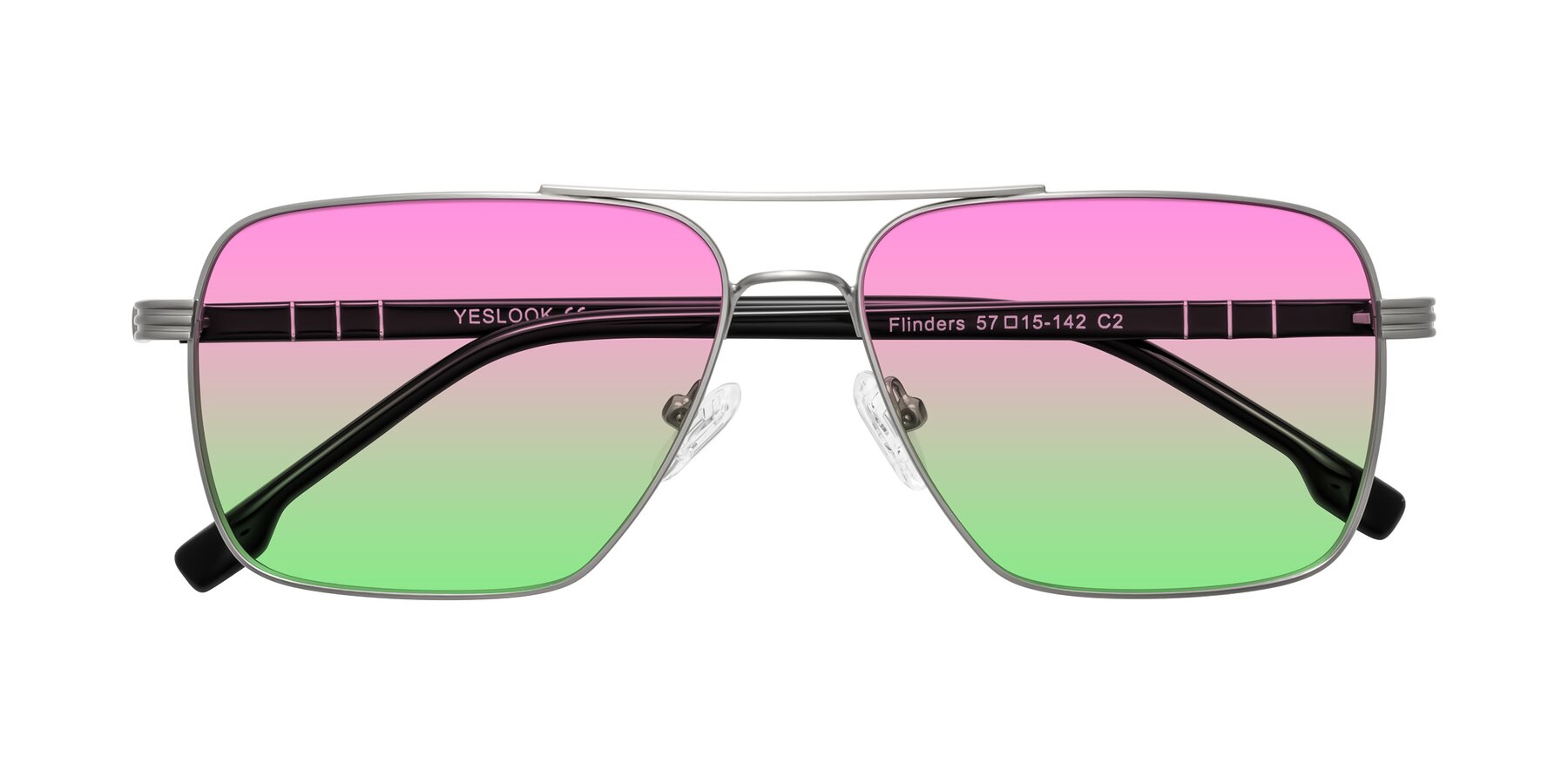 Folded Front of Flinders in Matte Silver with Pink / Green Gradient Lenses