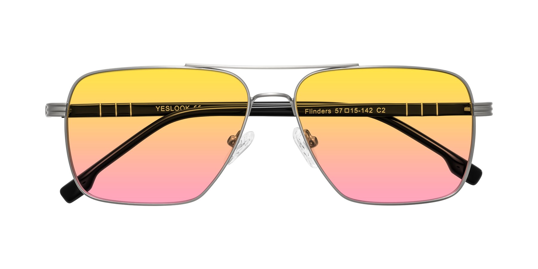 Folded Front of Flinders in Matte Silver with Yellow / Pink Gradient Lenses