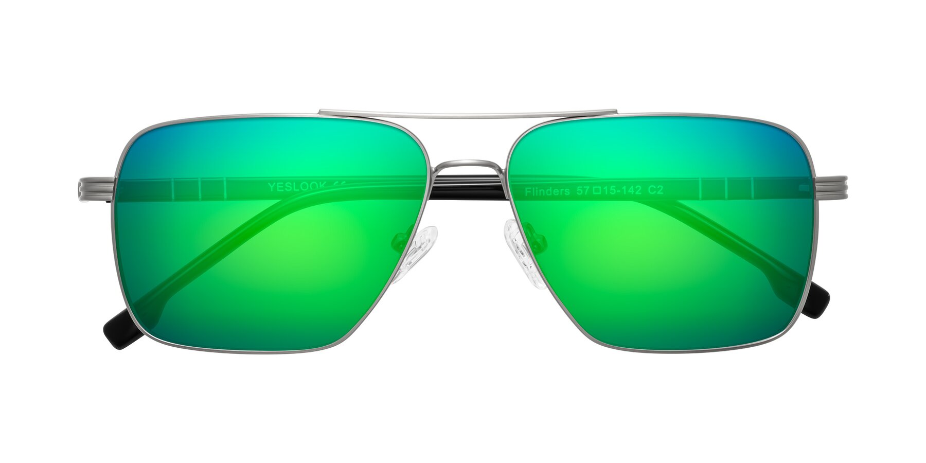Folded Front of Flinders in Matte Silver with Green Mirrored Lenses