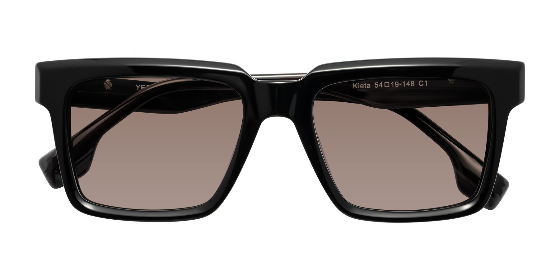 Folded Front of Kieta in Black/Gray Brown Striped with Medium Brown Tinted Lenses