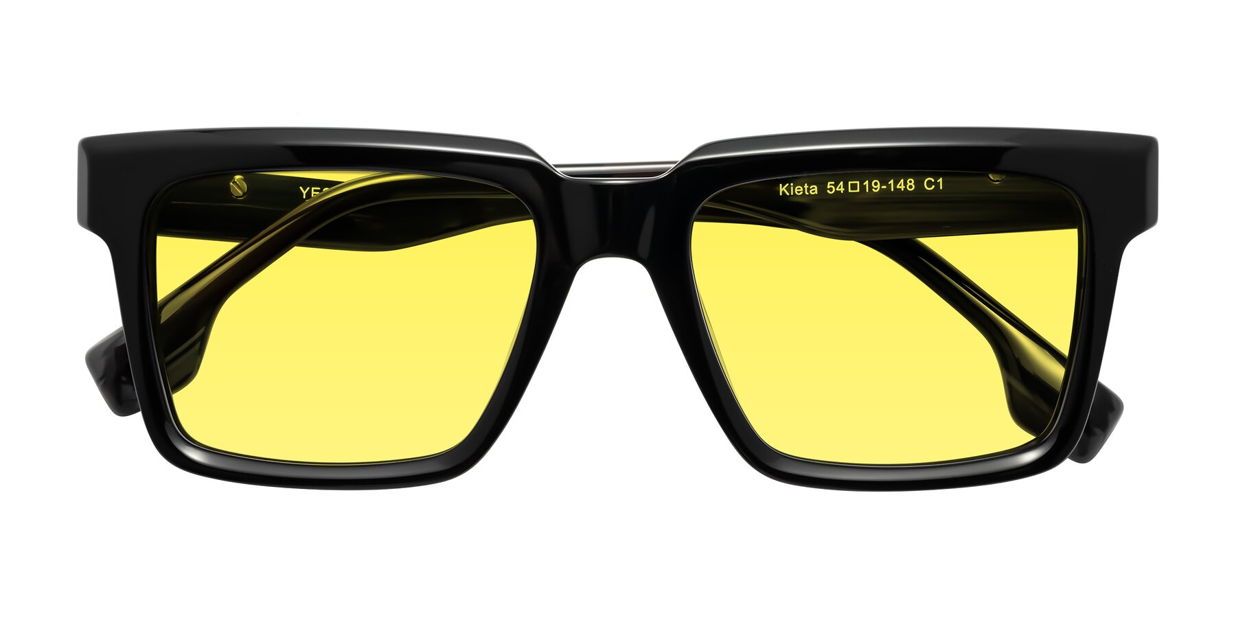 Folded Front of Kieta in Black/Gray Brown Striped with Medium Yellow Tinted Lenses