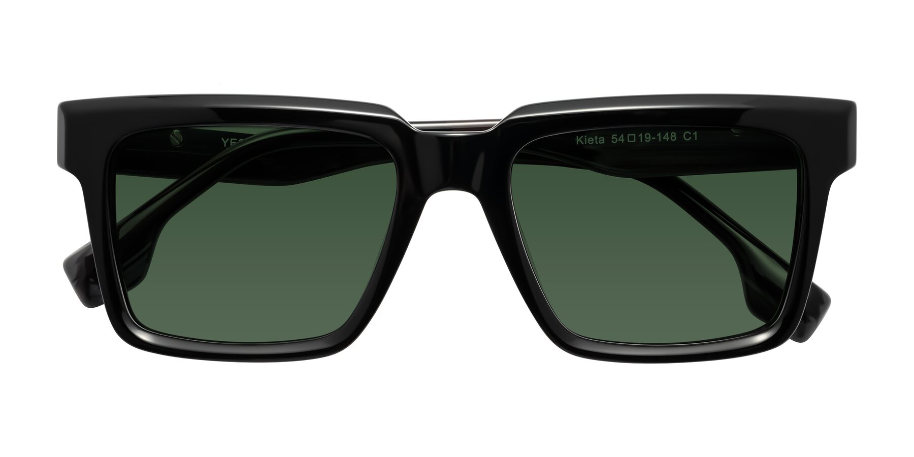 Folded Front of Kieta in Black/Gray Brown Striped with Green Tinted Lenses