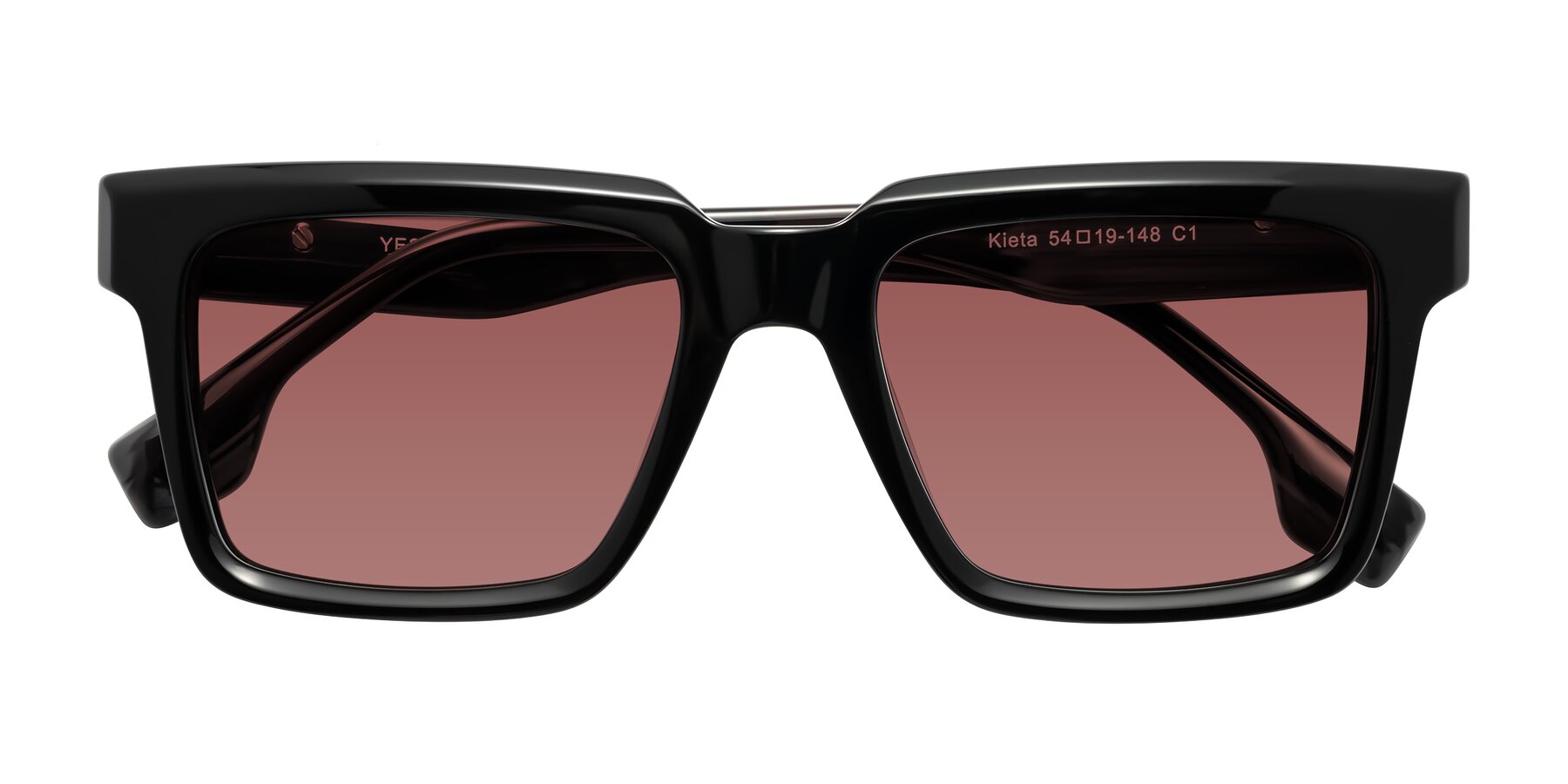 Folded Front of Kieta in Black/Gray Brown Striped with Garnet Tinted Lenses