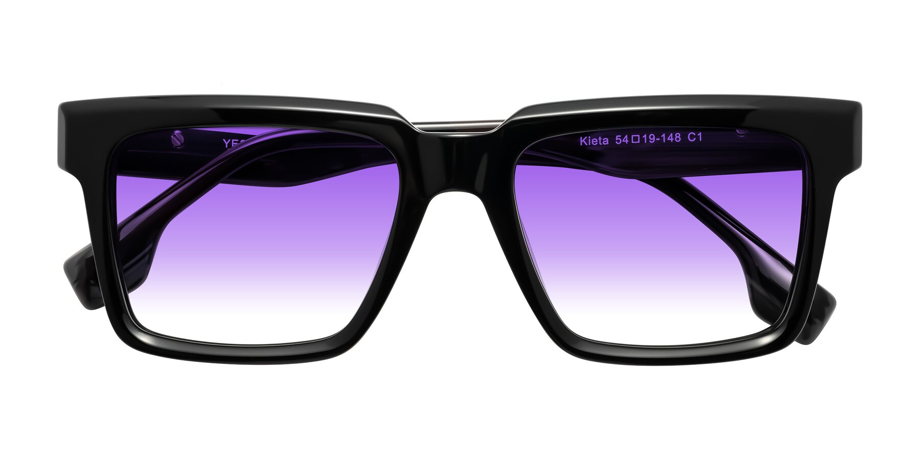 Folded Front of Kieta in Black/Gray Brown Striped with Purple Gradient Lenses