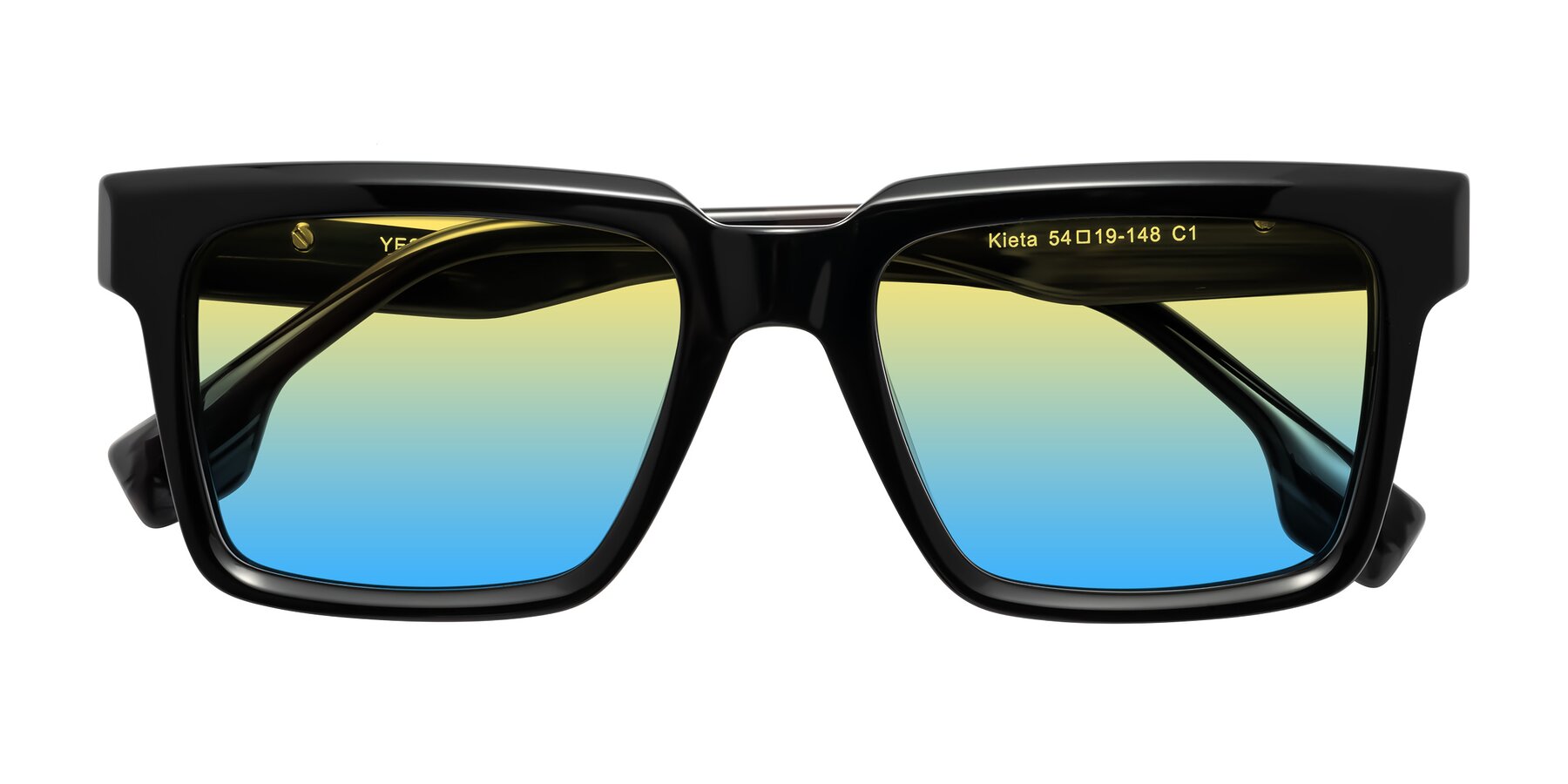 Folded Front of Kieta in Black/Gray Brown Striped with Yellow / Blue Gradient Lenses