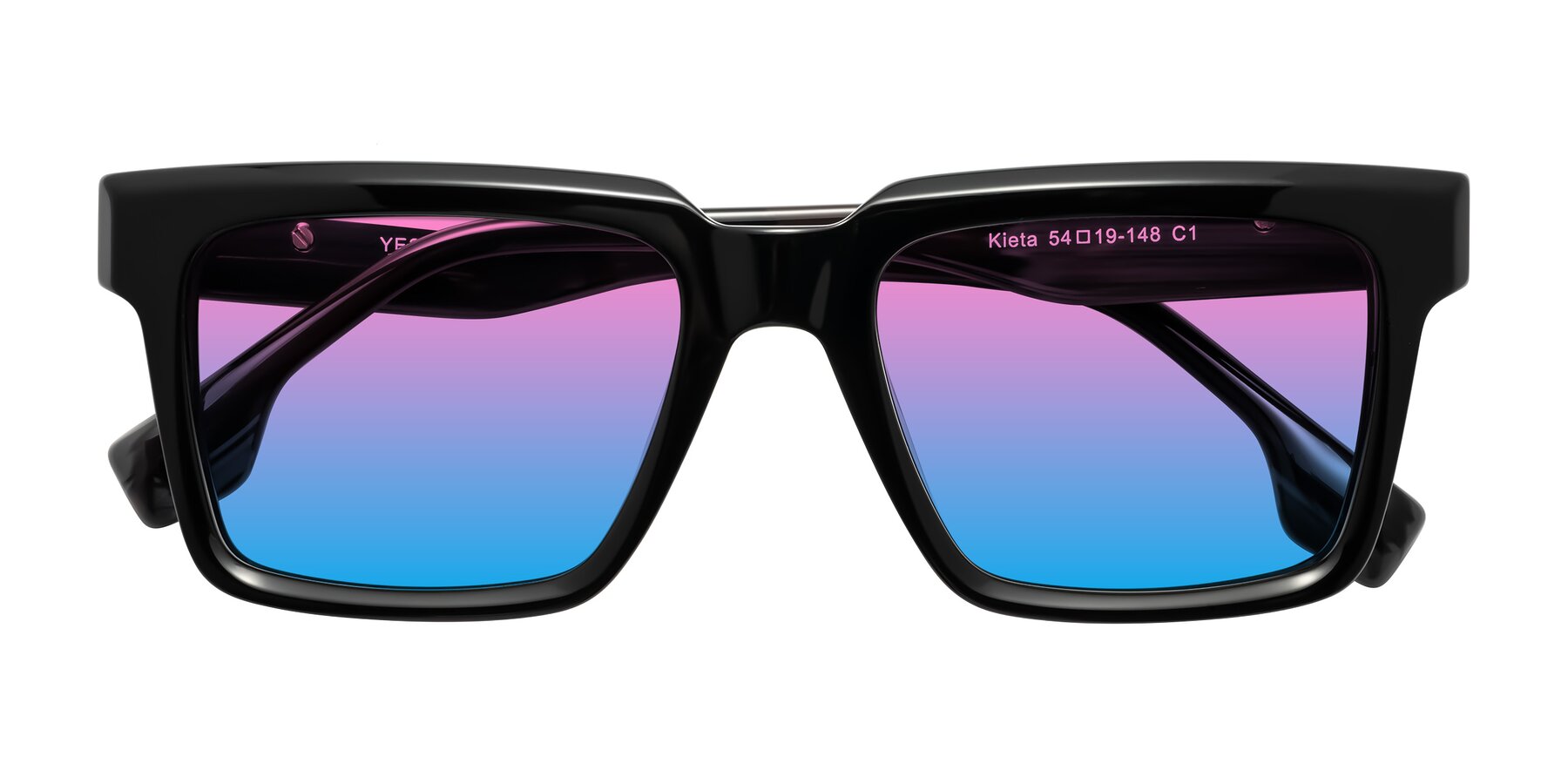 Folded Front of Kieta in Black/Gray Brown Striped with Pink / Blue Gradient Lenses