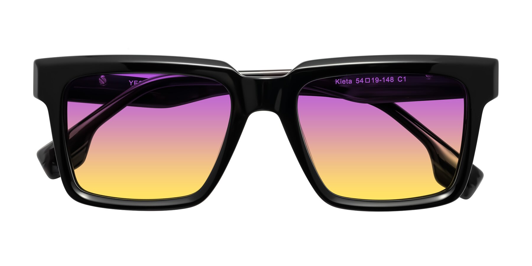Folded Front of Kieta in Black/Gray Brown Striped with Purple / Yellow Gradient Lenses