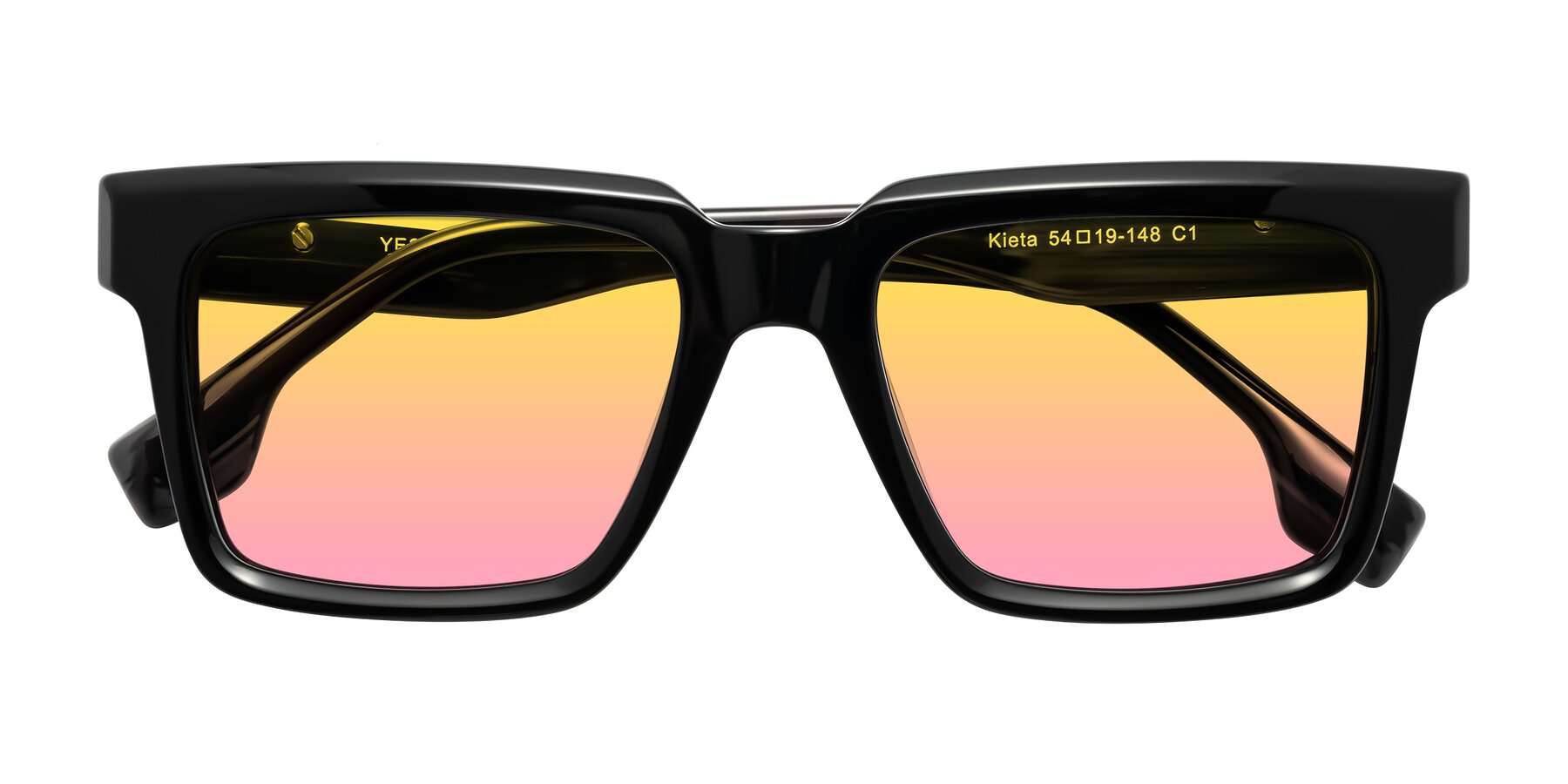 Folded Front of Kieta in Black/Gray Brown Striped with Yellow / Pink Gradient Lenses