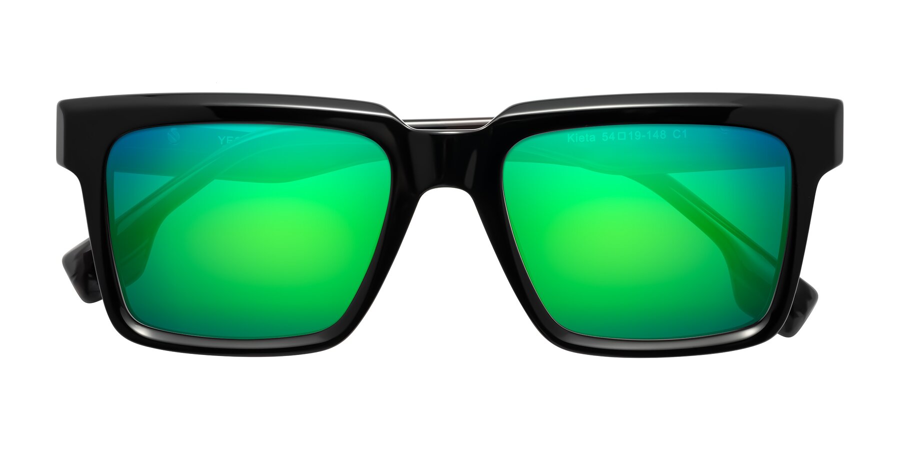 Folded Front of Kieta in Black/Gray Brown Striped with Green Mirrored Lenses