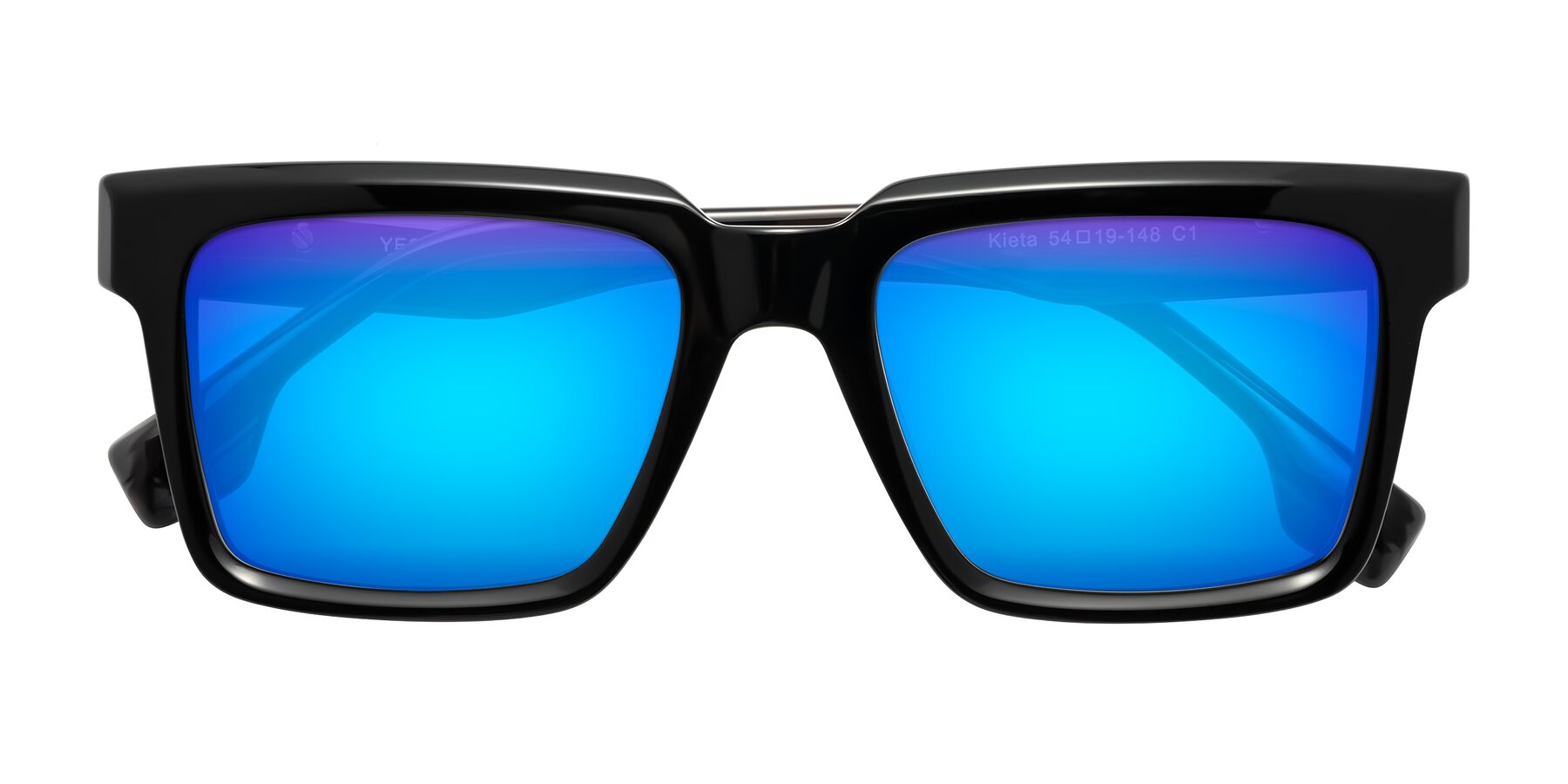 Folded Front of Kieta in Black/Gray Brown Striped with Blue Mirrored Lenses