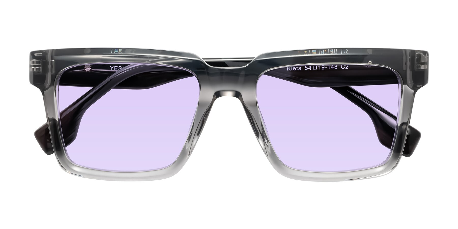 Folded Front of Kieta in Transparent Gray/Gray Brown Striped with Light Purple Tinted Lenses