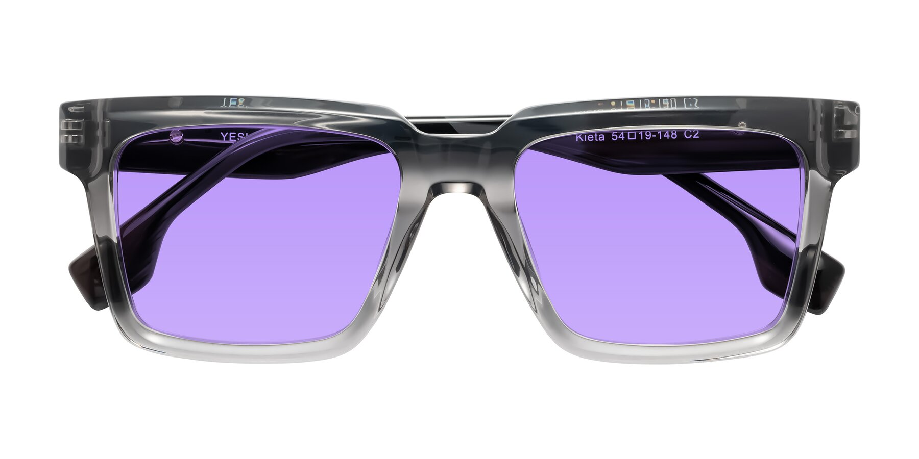 Folded Front of Kieta in Transparent Gray/Gray Brown Striped with Medium Purple Tinted Lenses