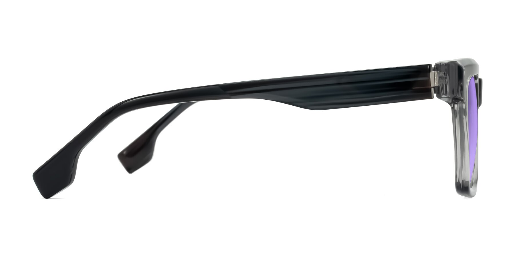 Side of Kieta in Transparent Gray/Gray Brown Striped with Medium Purple Tinted Lenses