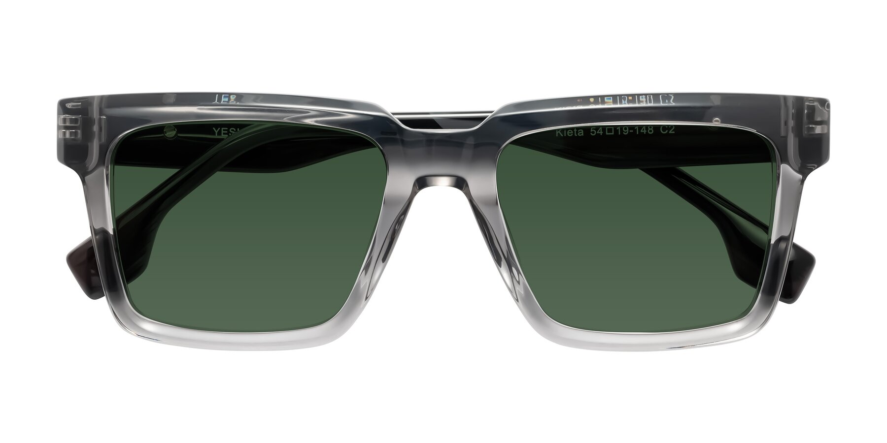 Folded Front of Kieta in Transparent Gray/Gray Brown Striped with Green Tinted Lenses