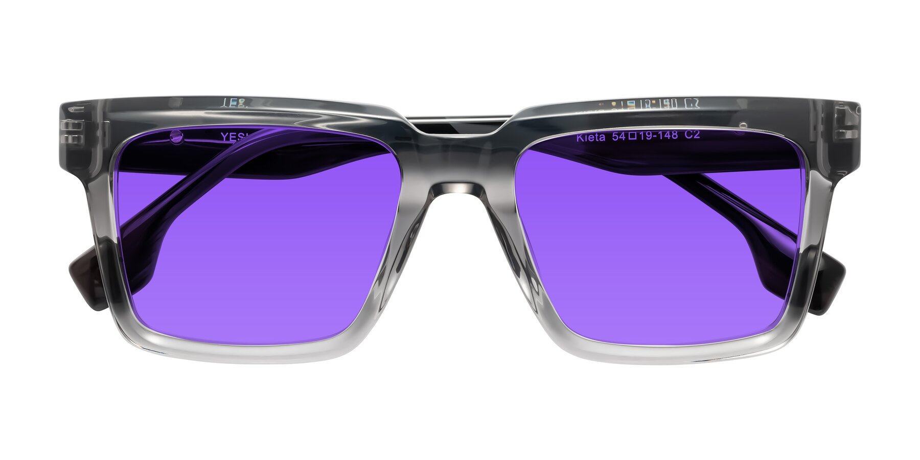 Folded Front of Kieta in Transparent Gray/Gray Brown Striped with Purple Tinted Lenses