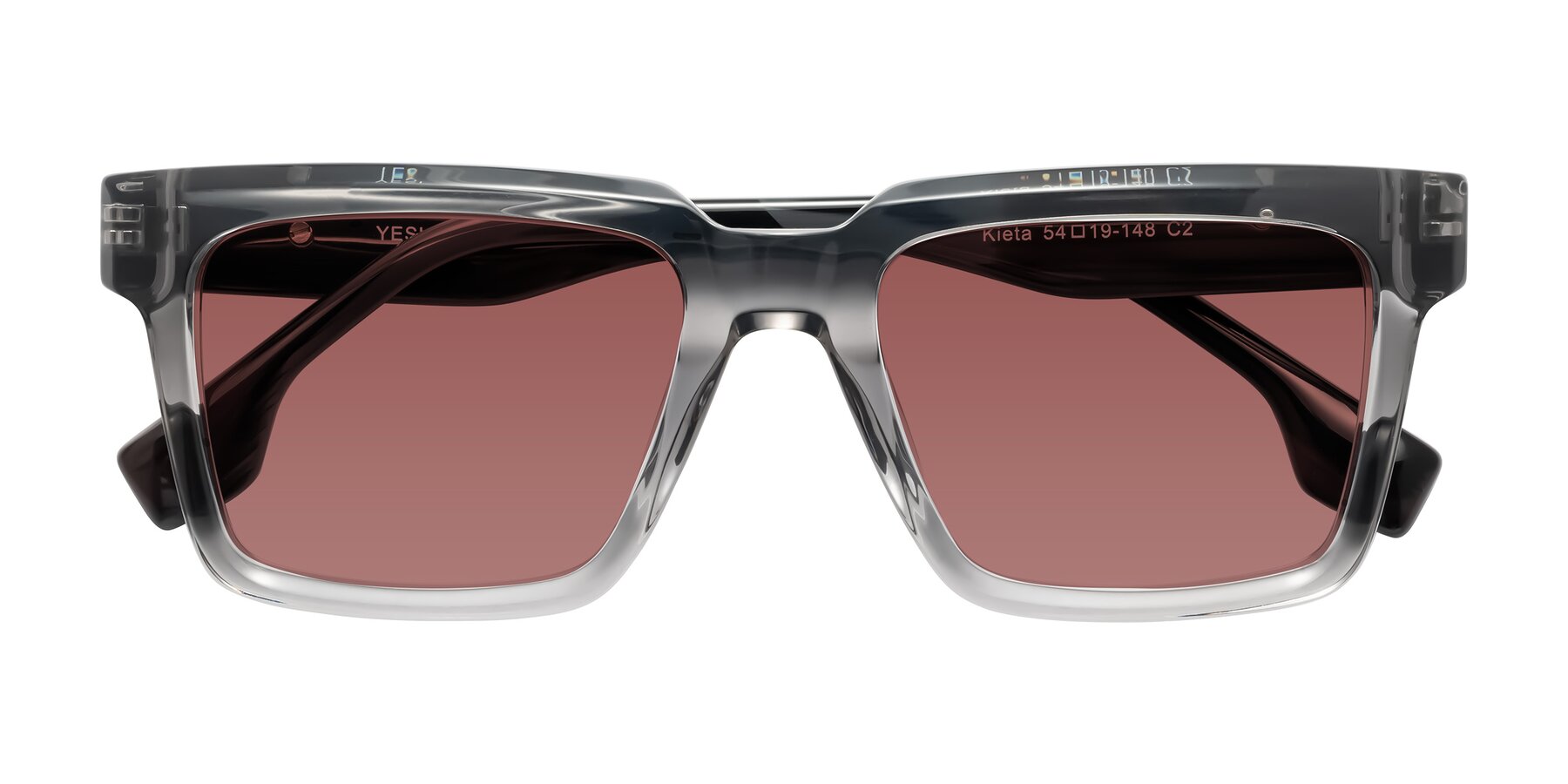 Folded Front of Kieta in Transparent Gray/Gray Brown Striped with Garnet Tinted Lenses