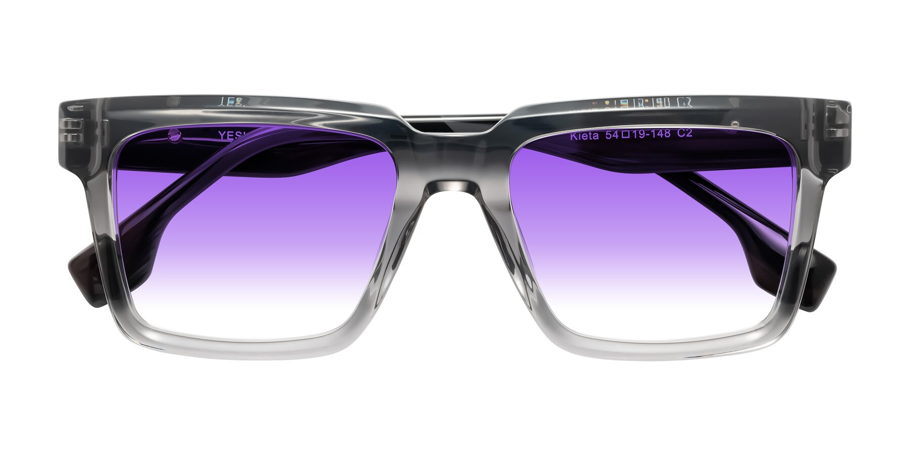 Folded Front of Kieta in Transparent Gray/Gray Brown Striped with Purple Gradient Lenses