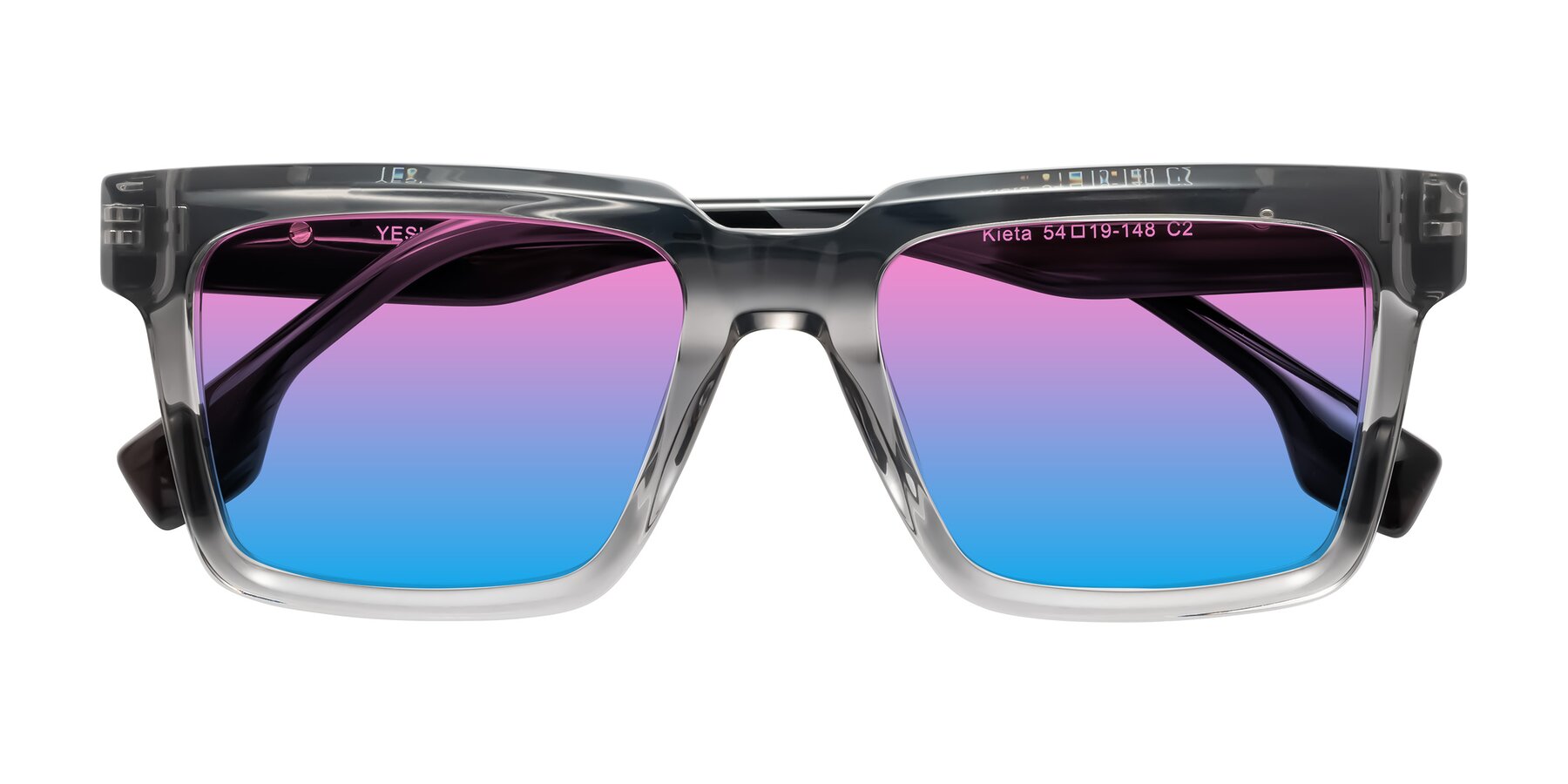 Folded Front of Kieta in Transparent Gray/Gray Brown Striped with Pink / Blue Gradient Lenses