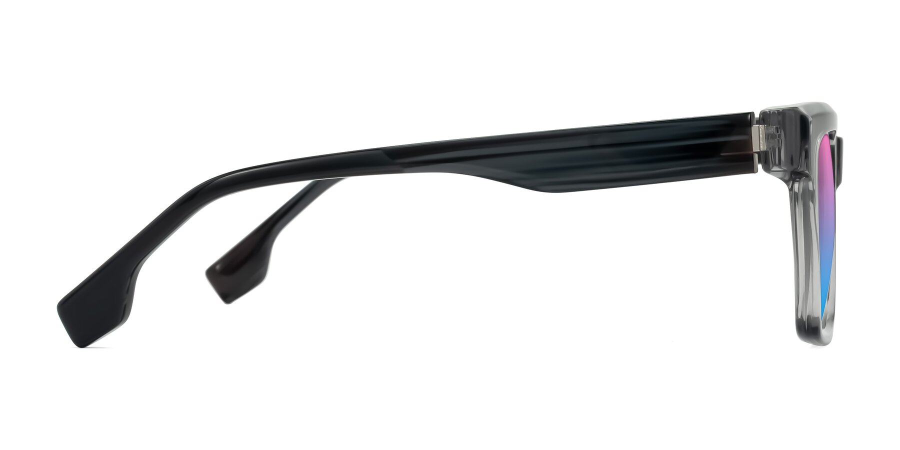 Side of Kieta in Transparent Gray/Gray Brown Striped with Pink / Blue Gradient Lenses