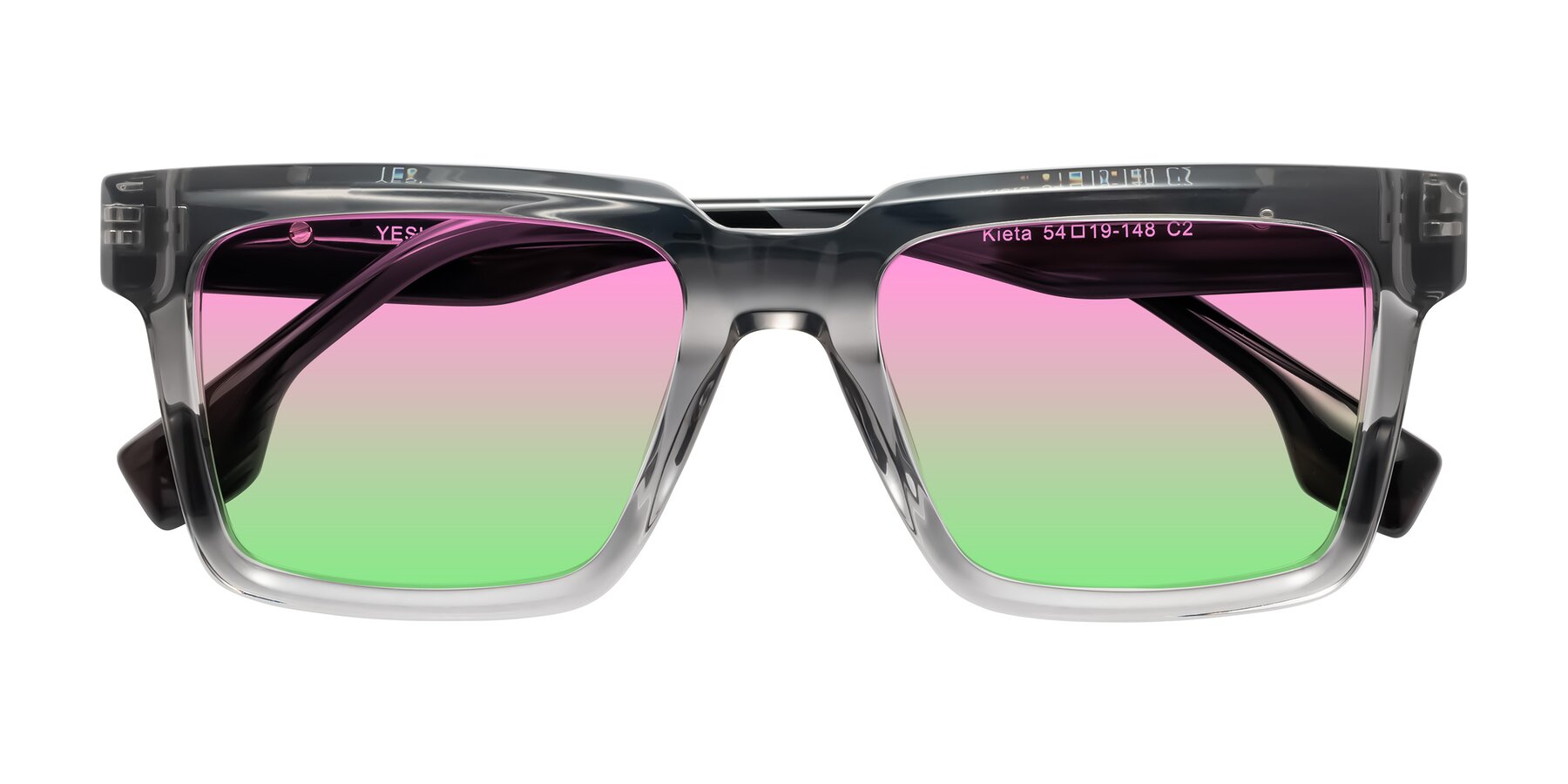 Folded Front of Kieta in Transparent Gray/Gray Brown Striped with Pink / Green Gradient Lenses