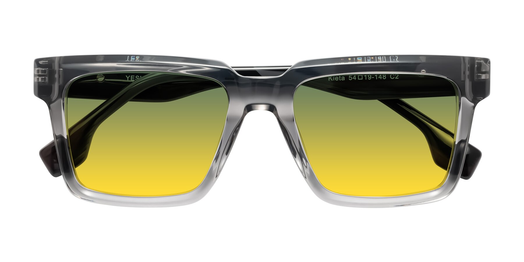Folded Front of Kieta in Transparent Gray/Gray Brown Striped with Green / Yellow Gradient Lenses