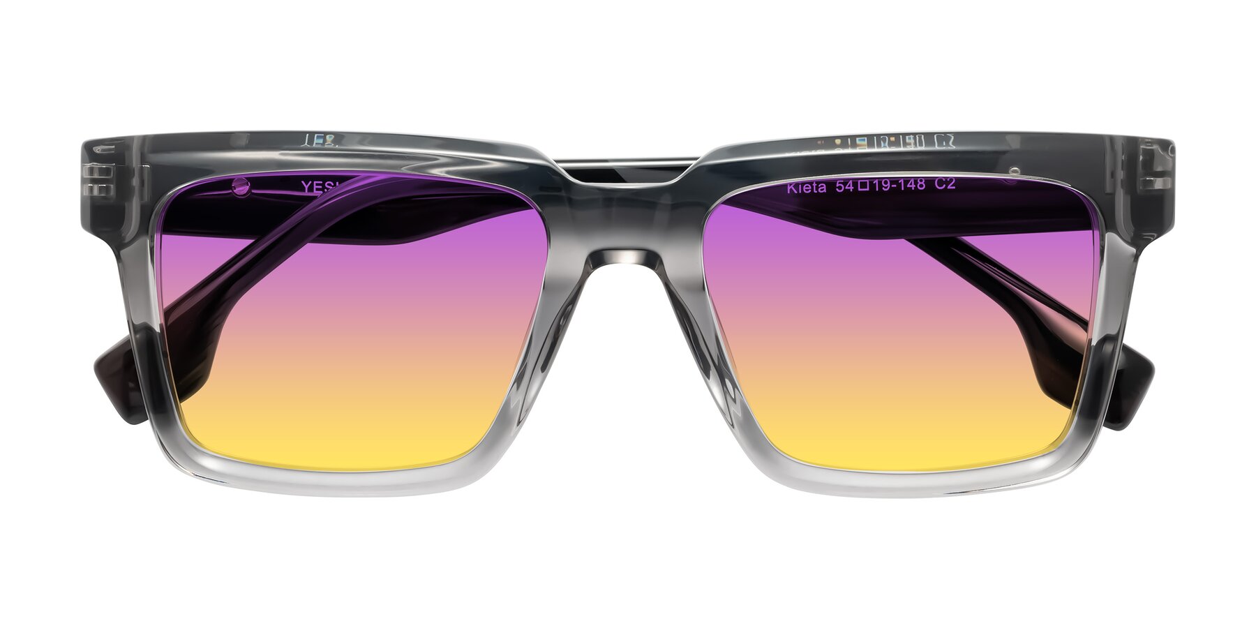Folded Front of Kieta in Transparent Gray/Gray Brown Striped with Purple / Yellow Gradient Lenses
