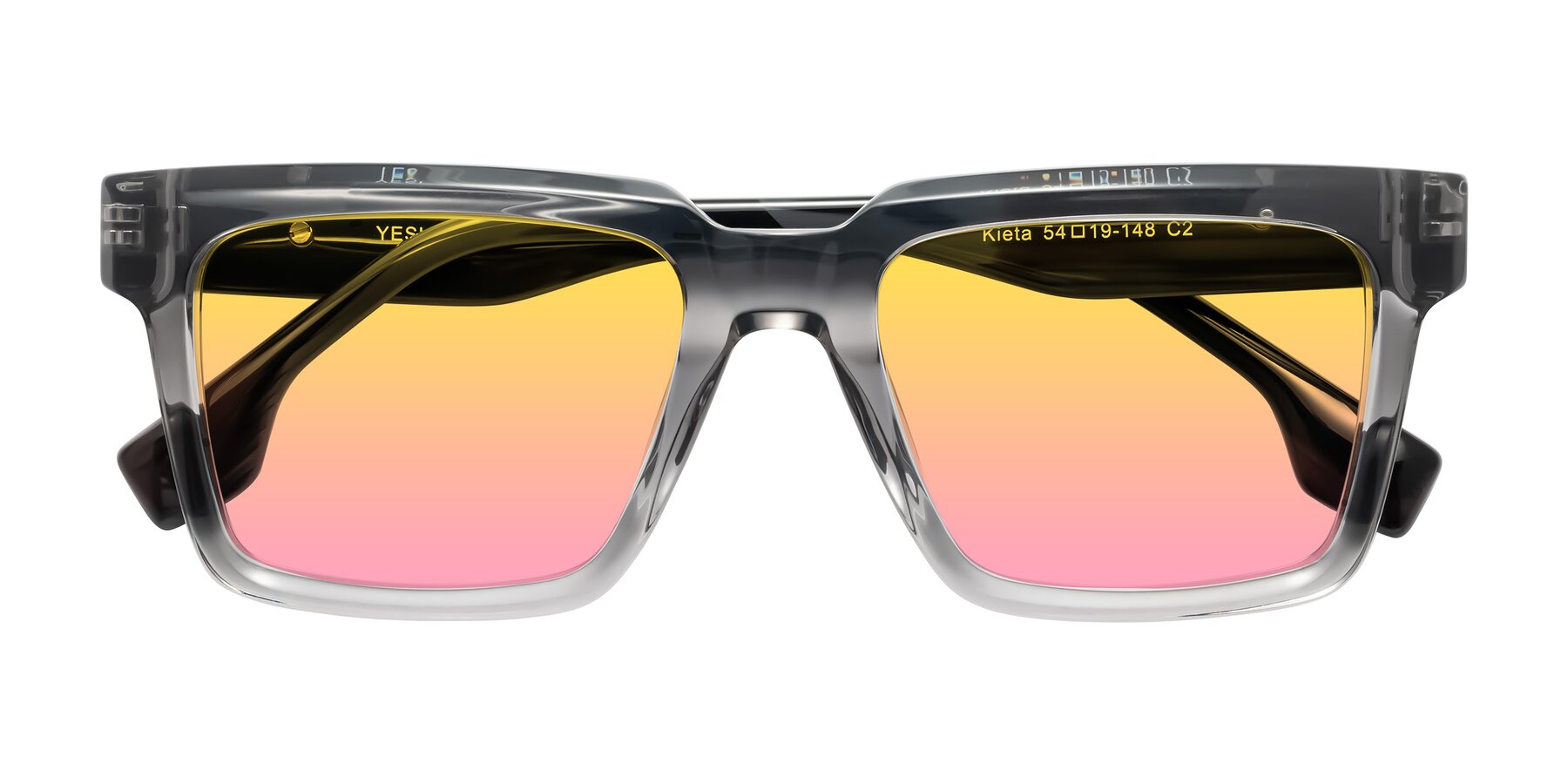 Folded Front of Kieta in Transparent Gray/Gray Brown Striped with Yellow / Pink Gradient Lenses