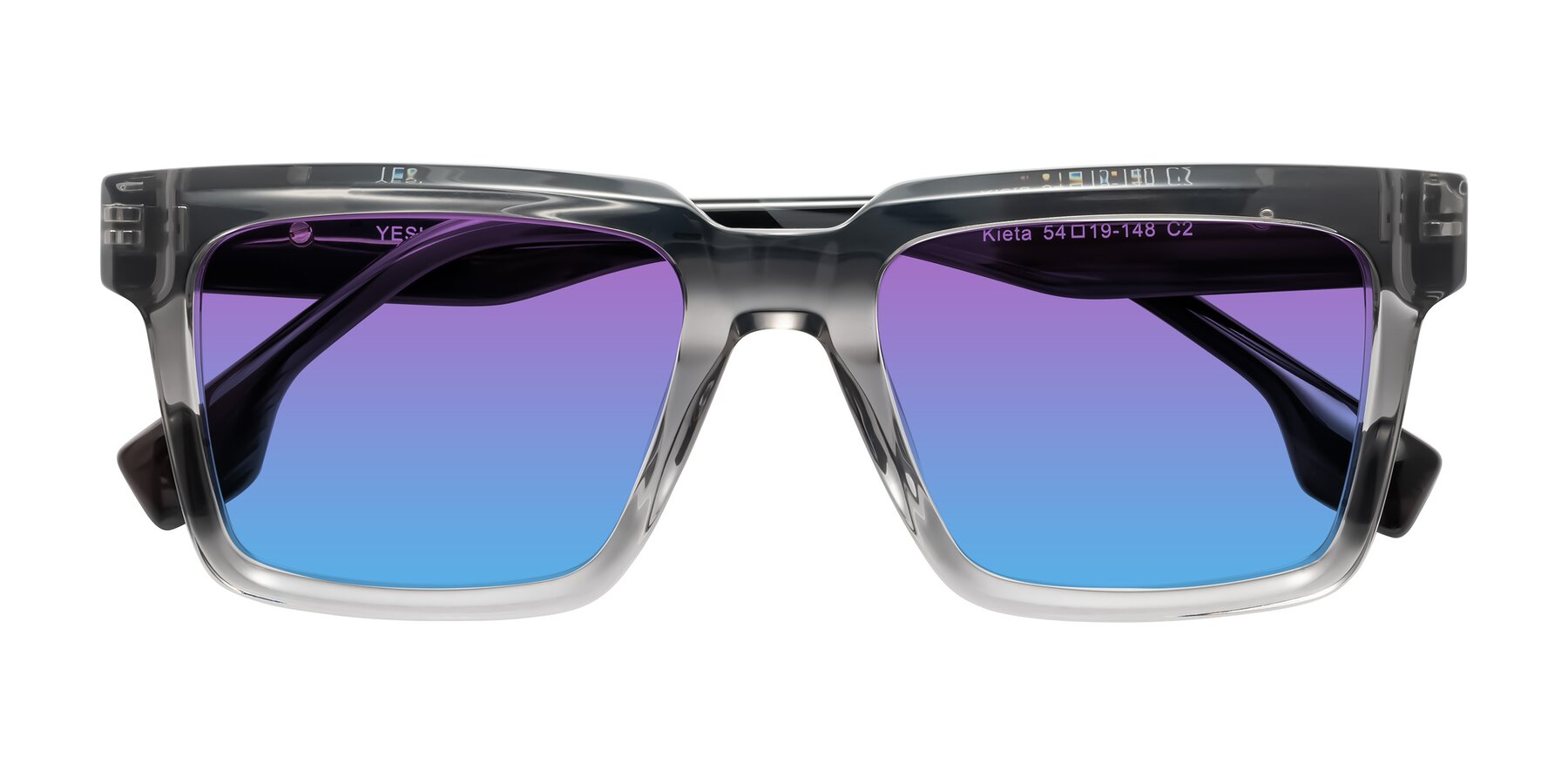 Folded Front of Kieta in Transparent Gray/Gray Brown Striped with Purple / Blue Gradient Lenses