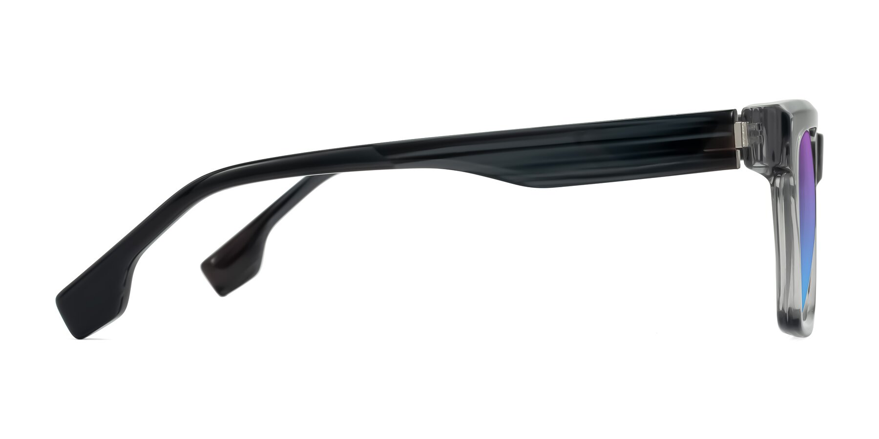 Side of Kieta in Transparent Gray/Gray Brown Striped with Purple / Blue Gradient Lenses