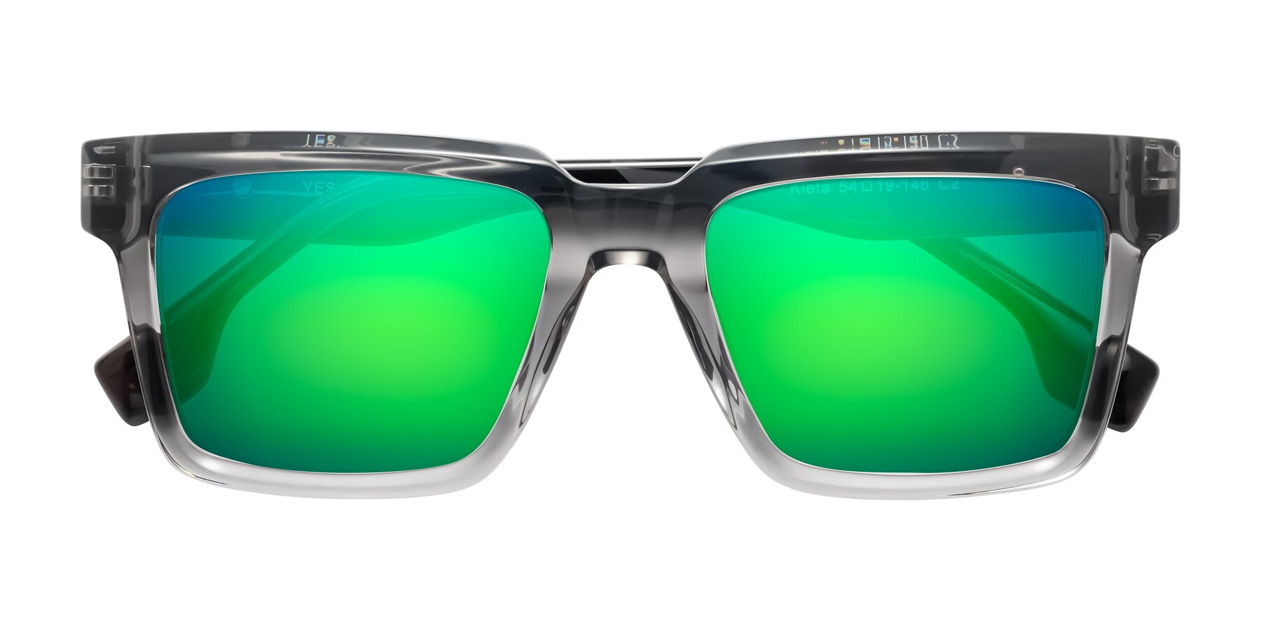 Folded Front of Kieta in Transparent Gray/Gray Brown Striped with Green Mirrored Lenses