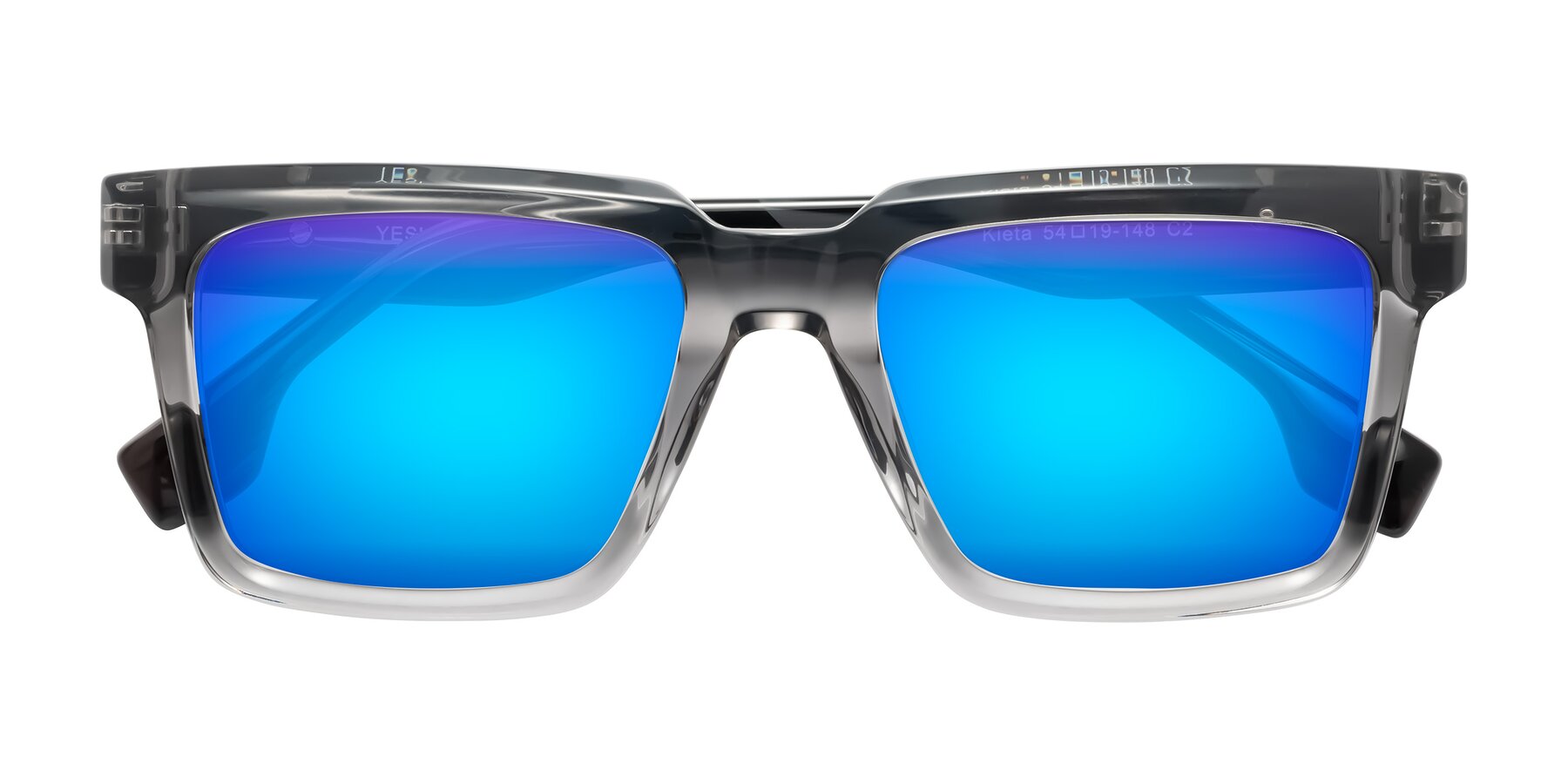 Folded Front of Kieta in Transparent Gray/Gray Brown Striped with Blue Mirrored Lenses