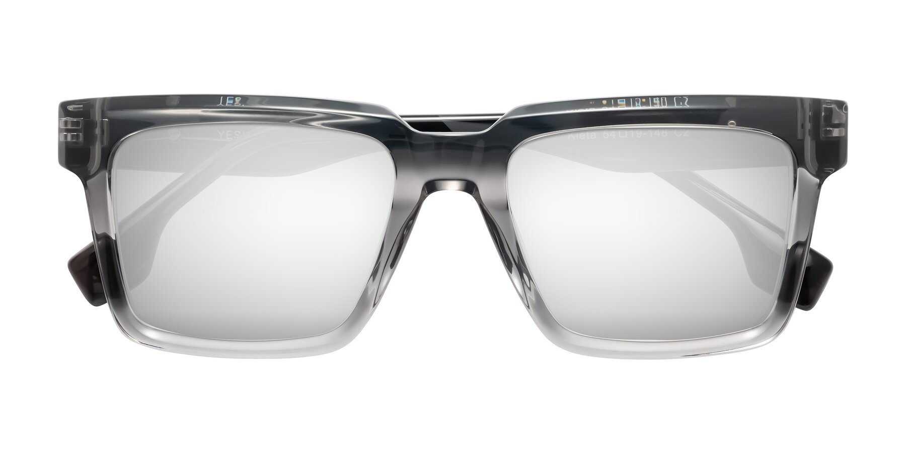 Folded Front of Kieta in Transparent Gray/Gray Brown Striped with Silver Mirrored Lenses
