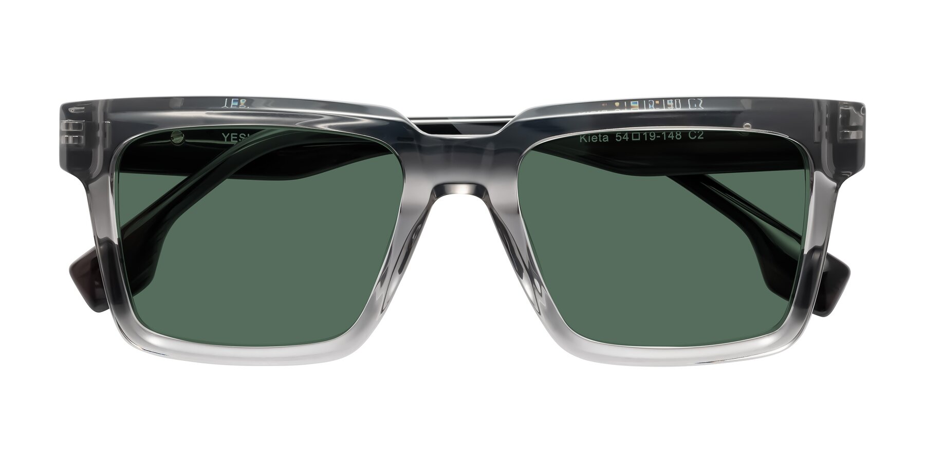 Folded Front of Kieta in Transparent Gray/Gray Brown Striped with Green Polarized Lenses